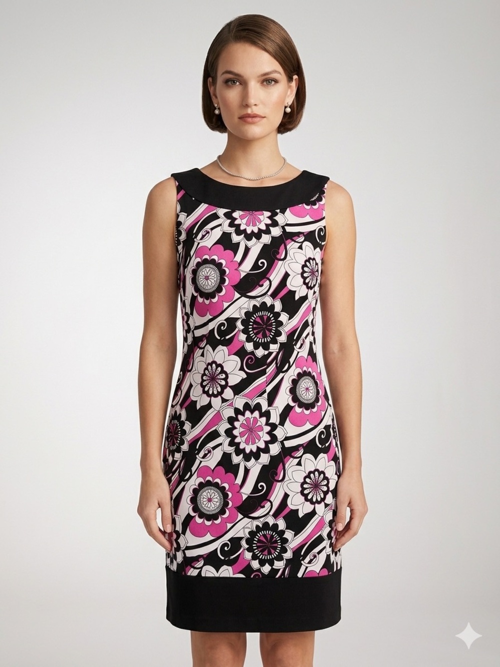 Retro Dressbarn Floral Sheath Dress Sz 4 Sleeveless Boat Neck Knee Black Pink